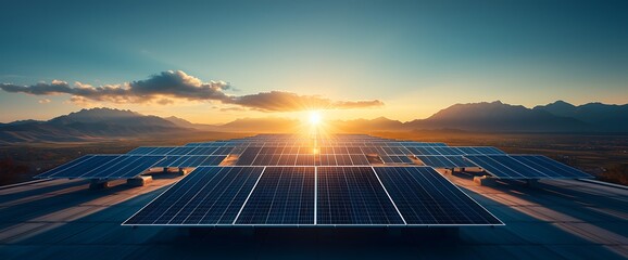 Rooftop solar panels at sunset
