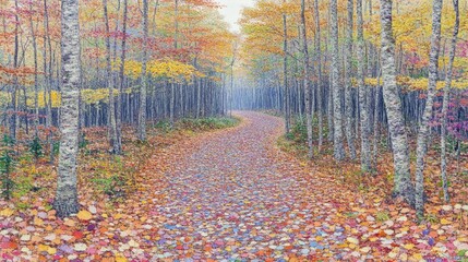 Forest walkway carpeted with fallen autumn leaves, fading into dense fog