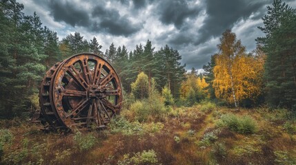 Fototapeta premium Heavy industrial equipment coated with deep rust, abandoned in silence