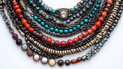 Obraz premium Layered necklaces with mixed metals arranged artistically on white background