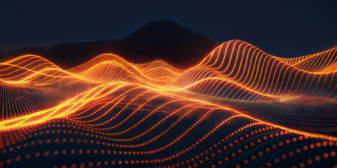 A computer generated image showcasing a stunning mountain landscape, enhanced by glowing lines with particles that illuminate the scenery. Network and worldwide connection concept.