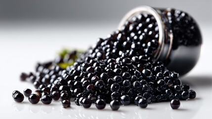 Pure white background with a small pile of black caviar, glistening pearls catch the light in a clean, modern style