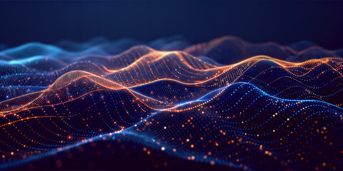 Flow of particles. Cyber technology illustration. An abstract futuristic background with a glowing wave of dots on a black background.