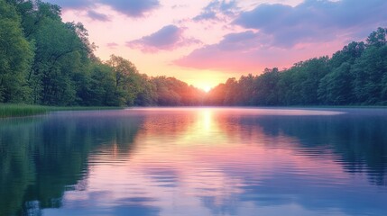 Serene sunrise over a calm lake revealing stunning reflections and a vibrant sky nestled among lush green woodland