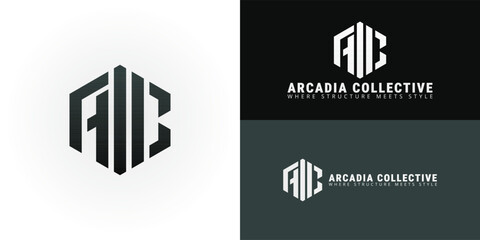 The logo features the letters AC integrated into a geometric design within a hexagonal frame, symbolizing innovative Architectural Construction and applied for business in the construction sector