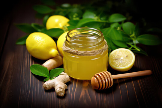 Honey, ginger, lemon and green leaves creating a healthy concoction on wooden table