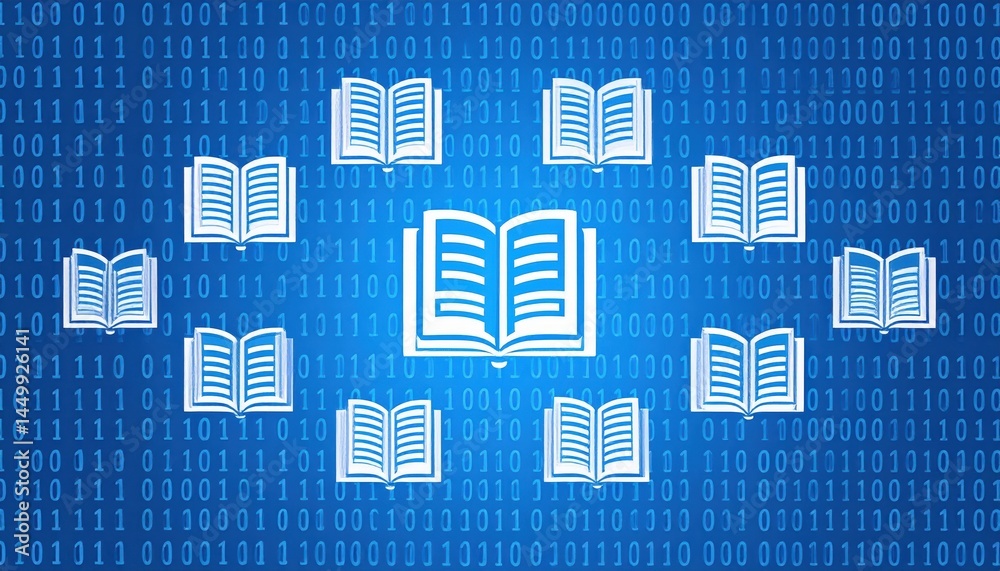 Poster digital representation of books surrounded by binary code on a blue background illustrating the conn