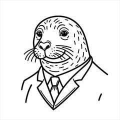 Dapper seal wears a business suit. Vector illustration for coloring book