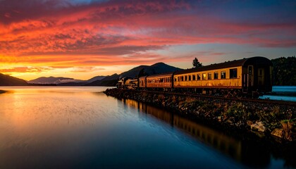 Fototapeta premium Un tren clásico se desliza con gracia por un lago tranquilo y reflectante bajo un cielo imponente repleto de vibrantes nubes rosas y naranjas. El exterior desgastado del tren.