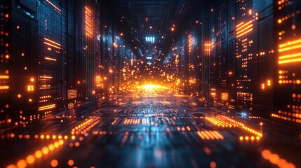 Fototapeta premium Futuristic digital corridor with glowing lights and a vibrant data stream creating a captivating sci-fi atmosphere