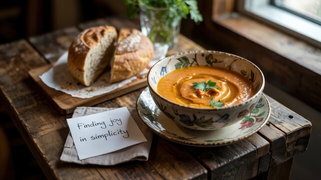 Rustic table setting with bowl of creamy soup, fresh bread, and note reading "Finding joy in simplicity