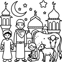 Eid ul-Adha Silhouette Icon Set with Mosque, Moon, and Qurbani Cow