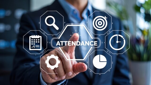 Businessman interacts with an attendance management interface.