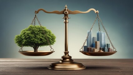 Golden balance scale weighing a green tree and urban skyscrapers, symbolizing environmental sustainability and urban development