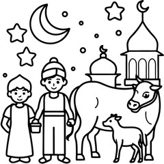Fototapeta premium Eid ul-Adha Silhouette Icon Set with Mosque, Moon, and Qurbani Cow