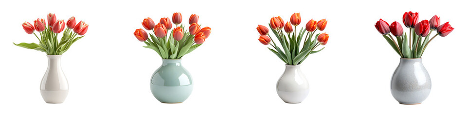 Set, Collection of A ceramic vase with fresh tulips isolated on transparent background.