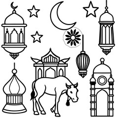 Eid ul-Adha Silhouette Icon Set with Mosque, Moon, and Qurbani Cow