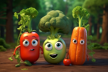 Three cartoon vegetables smiling. character with big eyes and wide smile stands against a sunny field or garden background. harvest, vegetarian lifestyle, and healthy food