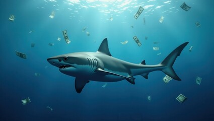 Fototapeta premium Shark swimming underwater surrounded by floating dollar bills in a conceptual financial theme