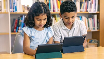 Two children, a girl and a boy, using tablets in a library setting with bookshelves in the background