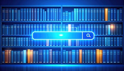 Digital bookshelf featuring various books with a glowing search bar, emphasizing technology and literature accessibility