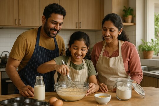 Family baking together joyfully.