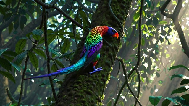 Rainbow lorikeet with vibrant plumage climbs a mossy tree trunk in a sun-dappled rainforest, showcasing its colorful feathers and agile movements