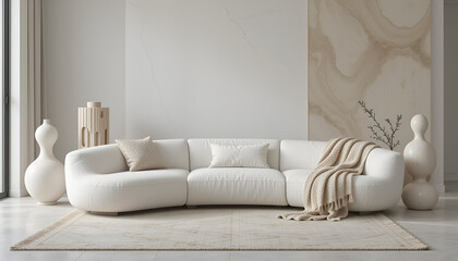 Modern minimalist lounge with an elegant white curvilinear sofa, paired with abstract ceramic sculptures and tactile throw blankets in creamy tones, creating a serene yet sophisticated atmosphere with