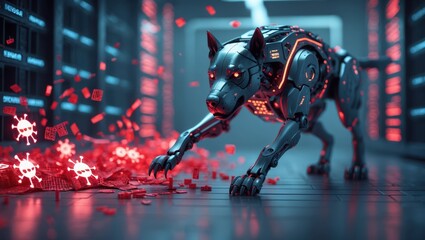 Futuristic robotic dog in a cyber environment with glowing red lights and digital virus icons