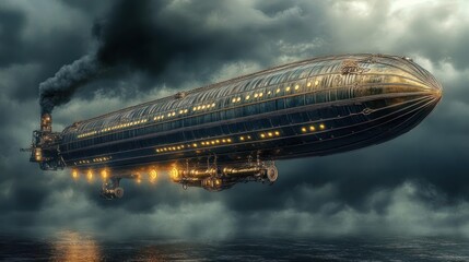 Naklejka premium Steampunk Airship Soaring Above a Stormy Sea