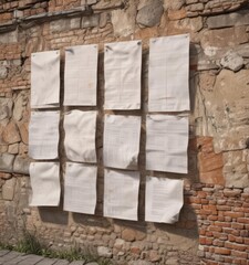 Multiple glued paper posters on a weathered wall, realistic outdoor scene ,  sunlit,  display,  paper texture
