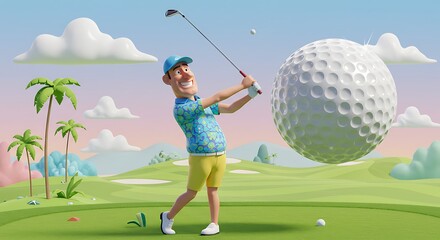 Cartoon golfer hitting a golf ball on a sunny course with a giant golf ball and palm trees