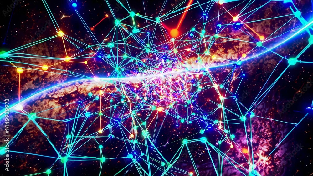 Poster dynamic global communication network connecting colorful continents, visualizing technological progr