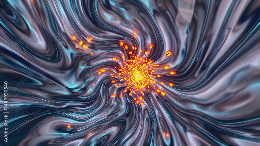 Poster glowing orange particles dynamically expanding from central point, creating fluid abstract motion wi