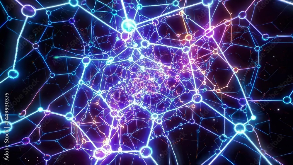 Wall mural colorful plexus network expands, creating a mesmerizing tunnel effect against a dark backdrop, symbo