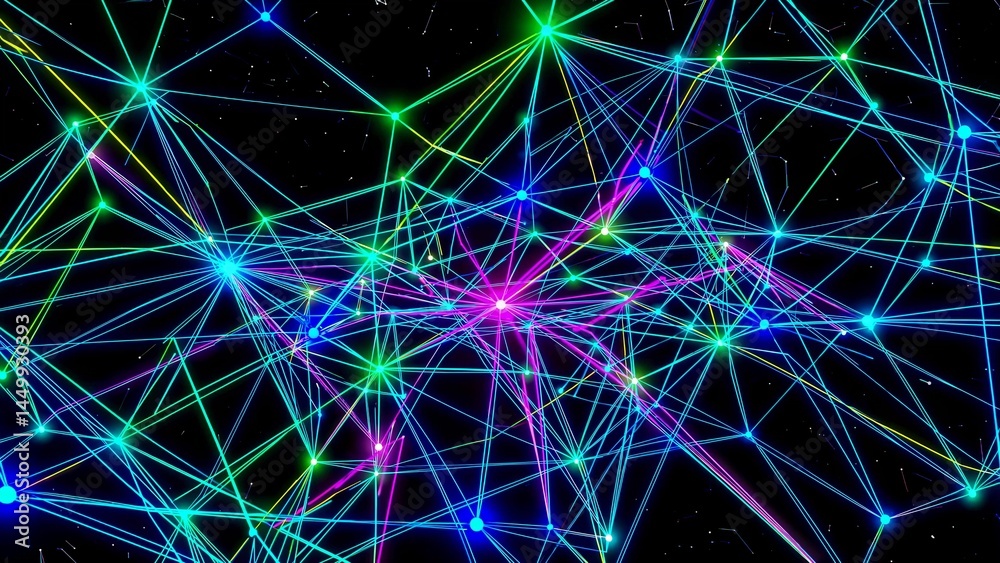 Poster vibrant network plexus dynamically expanding, interconnecting glowing nodes across deep black backgr