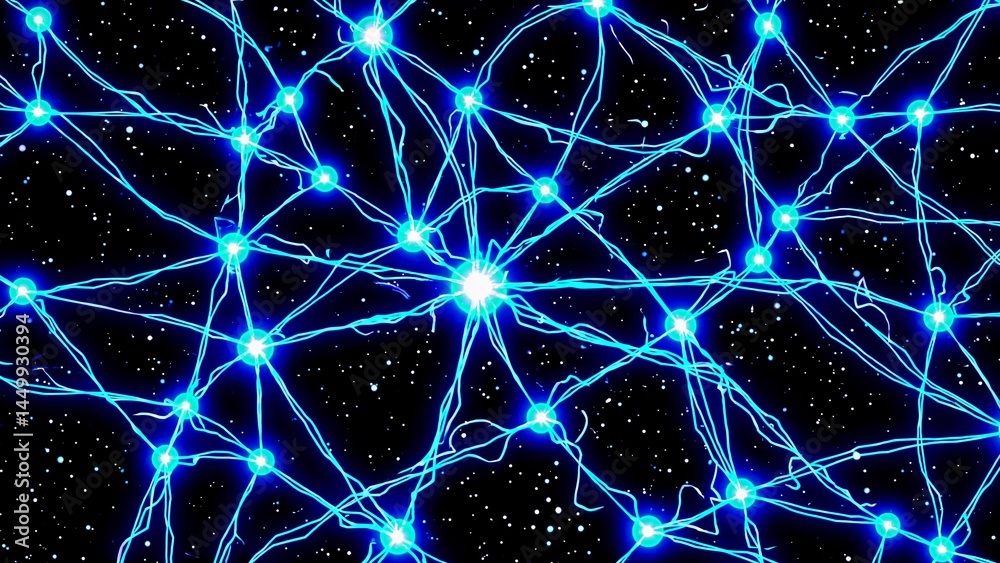 Poster neural network simulation showing interconnecting neurons with glowing blue synapses, representing c