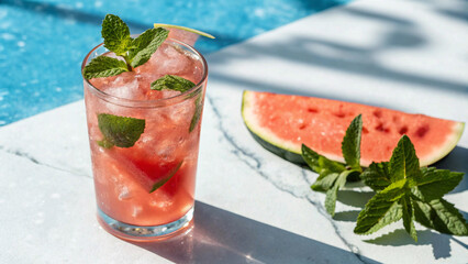 A refreshing watermelon mojito in a clear glass, garnished with mint and a watermelon wedge, is filled with crushed ice and sits on a light blue surface with shadows. © Zariyan