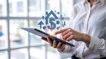 Close-up of a person interacting with a digital tablet displaying housing investment concepts.