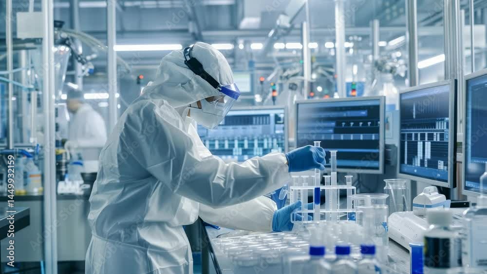 Poster A scientist in a sterile laboratory, donning full protective wear, works with vials on a research project. Multiple monitors display graphs and data in this environment dedicated to advanced medicine.