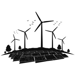 Silhouette of Wind Turbines and Solar Panels in Renewable Energy Landscape