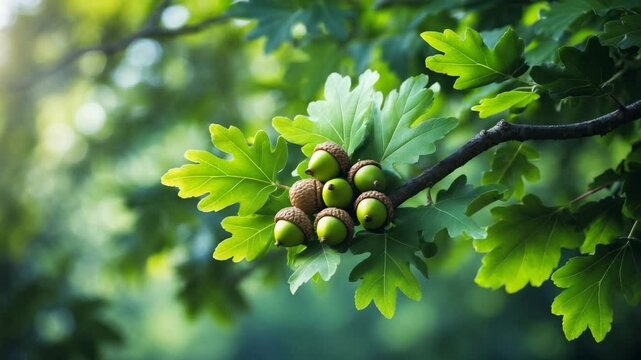 Close-up of an oak branch with acorns and green leaves under bright daylight.