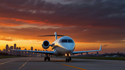 Sleek Jet on Runway at Sunset with City Skyline

