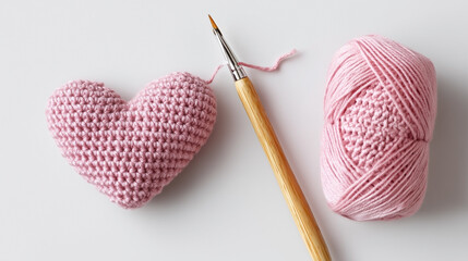 A pink crochet heart is sitting on a table next to a crochet hook