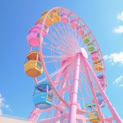 Fototapeta premium Vibrant pastel-colored Ferris wheel against a bright sky.