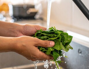 Washing fresh spinach in kitchen sink: hands cleaning green vegetables