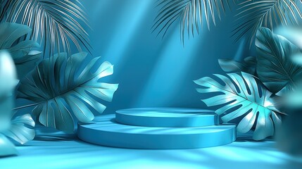 Teal pedestal with botanical leaf background scene