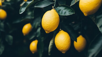 Ripe lemons on a tree.  Fresh citrus fruits hanging from branches