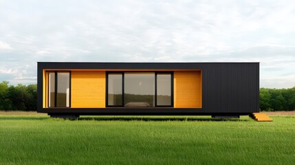 Modern Minimalist Tiny House on Wheels in Green Field