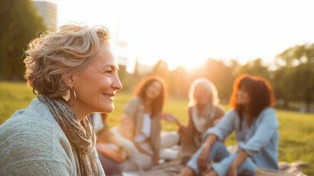 Multi generational women sitting on meadow in a small circle at city park during sunset time - Unity, multiracial people and community concept - Models by AI generative 
